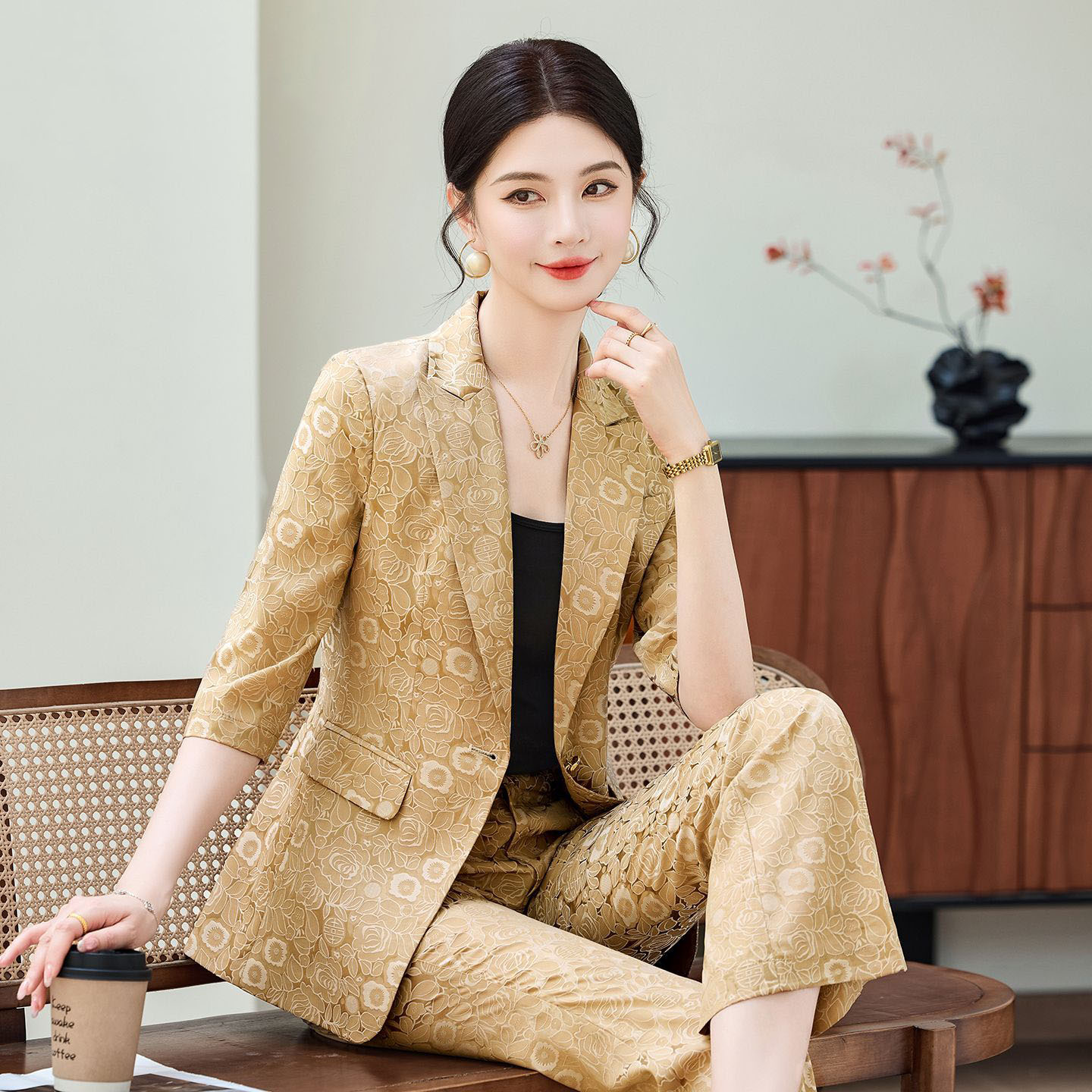 Women Formal Wear Blazers - Mode Abrikoos Half Mouw Professioneel Pak