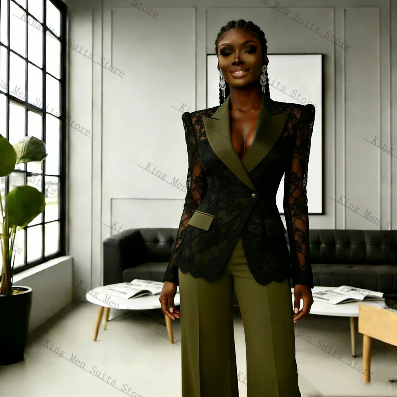 Women'S Green Formal Wear - Groen Zwart Kant Vrouwen Pak Set