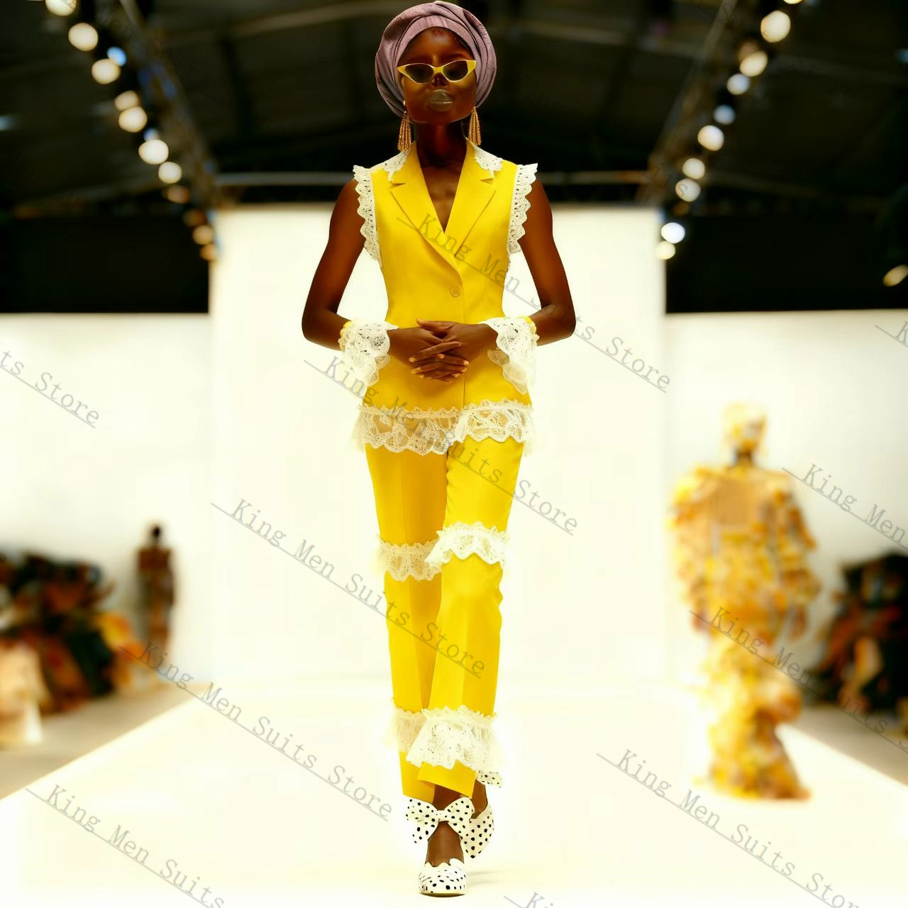 Yellow Formal Wear Women - Geel Wit Kant Vrouwen Pak Set