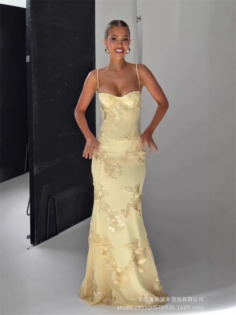 Yellow Formal Wear Women - Geel borduurwerk vrouwen galajurk sexy korset