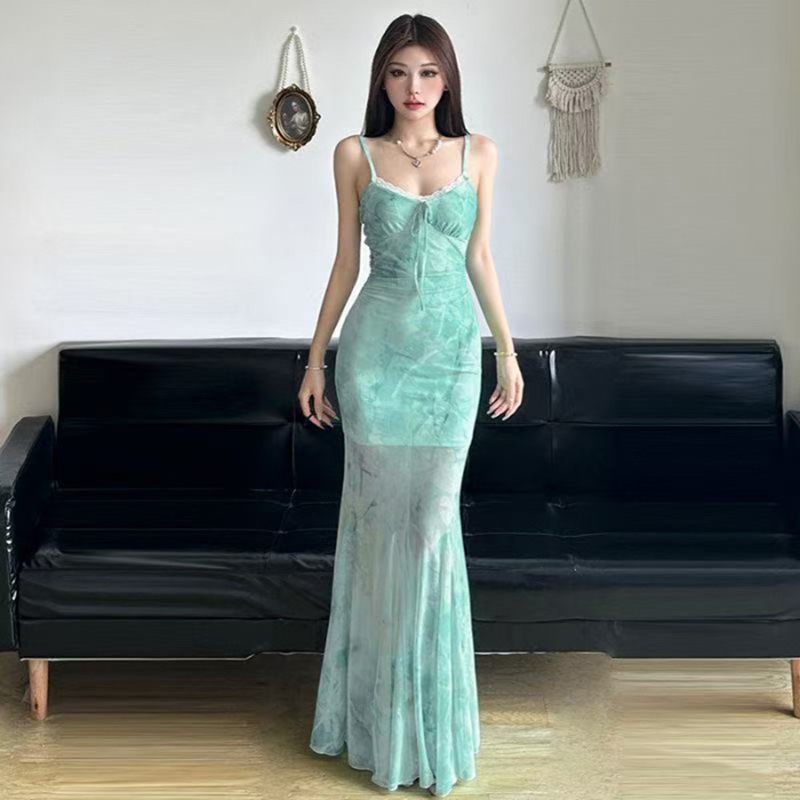 Women'S Green Formal Wear - Zomerstrandjurk voor dames, kant, mesh, patchwork,