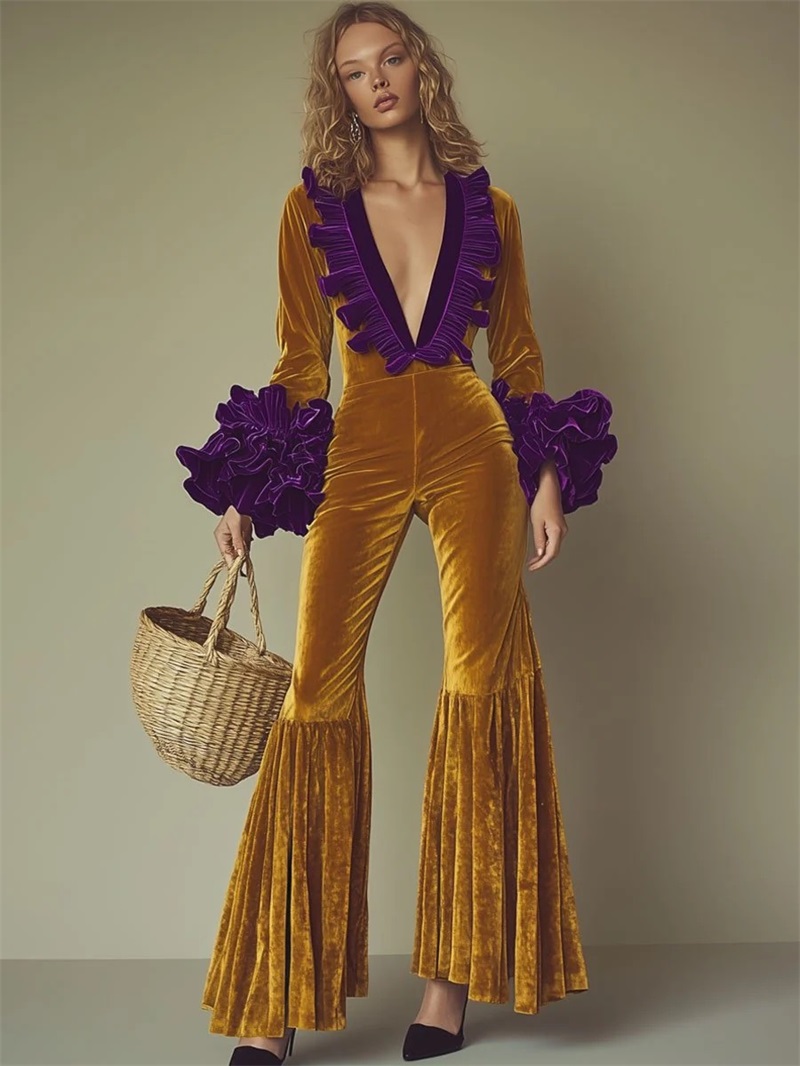 Yellow Formal Wear Women - Geel Paars Fluwelen Dames Jumpsuit Sexy